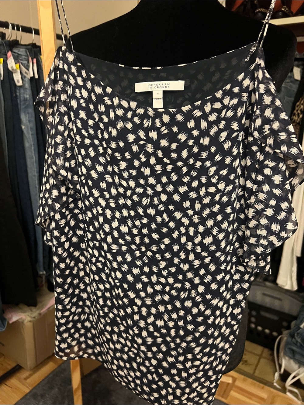 10 Crosby Derek Lam Navy and White Abstract Dot Silk Camisole